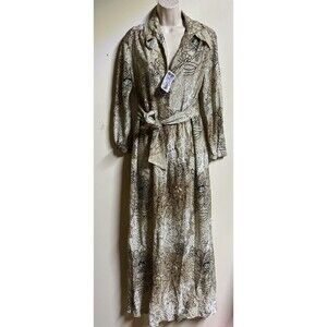 Vintage Women's 14 Metallic Floral Gown Maxi Dress Long Elastic Sleeves Collar